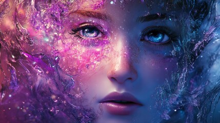 Poster - Enchanted Woman Portrait Digital Art Fantasy Purple Blue eyes face hair girl magic color light paint