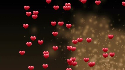 Poster - Glossy red heart icons floating across dark to golden gradient 3D render with sparkly bokeh