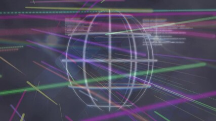Poster - Glowing wireframe sphere floating at center while neon streaks radiating across data honeycomb grid