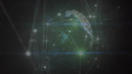 Poster - Glowing network nodes connecting with lines streaming across dark digital sphere with green flares