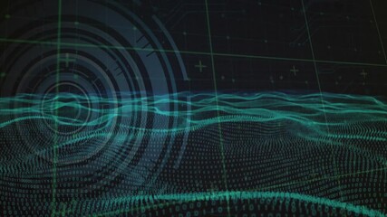Poster - Undulating digital waveforms flowing over circuit grid, overlaying binary code with 3D HUD circles