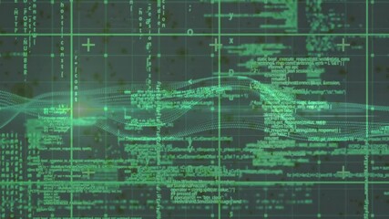 Aufkleber - Dotted wave streams flowing through flat design network interface, displaying grid lines and code