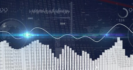 Aufkleber - Sinusoidal wave flowing across blue data UI, binary codes drifting, gauges rotating in flat design