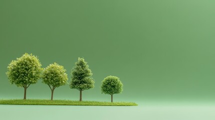 Poster - Four miniature trees on a small patch of grass against a green background.