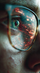 Poster - Close-up of eye behind glasses reflecting a digital cityscape, showcasing technological advancement and human connection with technology