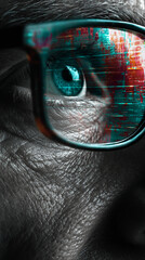 Poster - Close-up of eye behind glasses reflecting abstract digital pattern, showcasing technology, data, and vision, symbolizing digital world connection and perception