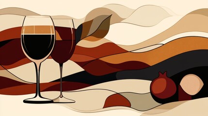 Poster - Next to a stack of flatbread, a wineglass containing red wine is placed, with a background that includes abstract botanical shapes and geometric patterns