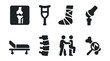 © Olha - Solid style icons of orthopedics: bone x-ray, crutch icon, cast icon, joint replacement, orthopedic bed, spine model, physical therapy, fracture check.