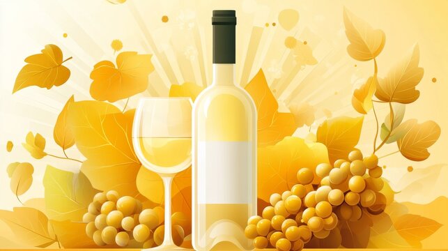 Stylized foliage and fruit surround a wine bottle and glass, which are set against a backdrop of a golden circle