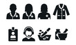 © Olha - Solid style icons of pharmacy staff: pharmacist, technician, assistant, lab coat icon, name badge, headset support, pill counter, compounding station.
