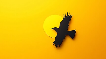Poster - the silhouette of a black bird flies over a vibrant orange background that features a yellow circula
