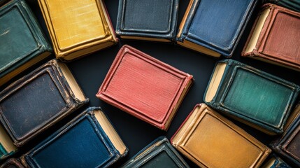 Poster - Colorful books arranged on a dark reflective surface with abstract circular shapes in the background create a dramatic scene