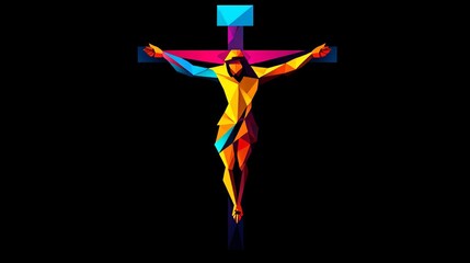 Poster - The stark black canvas features a geometric figure displaying a crucified form set against a multicolored, polygonal backdrop