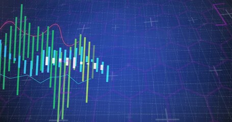 Poster - Candlestick chart bars dancing on flat design grid, showing overlaid red and turquoise line data