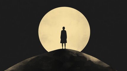 Poster - atop a hill, the silhouette of a figure is seen against the backdrop of a large golden sun in a mini