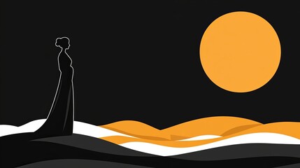 Poster - the silhouette of a figure stands at the summit of a hill, contrasting with a large golden sun in a 