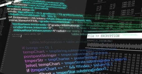 Poster - JavaScript code scrolling across dark screen while encryption panel processing key waveform
