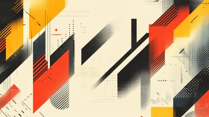 Poster - A modern design is formed by layering abstract geometric shapes in red, orange, and black on a bright white background