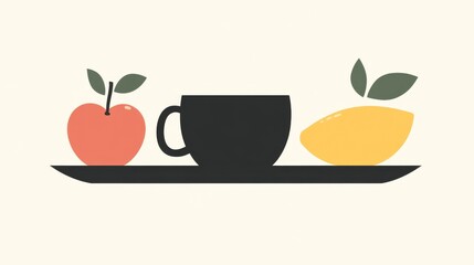 Poster - Autumn leaves in a black cup are exhibited with fruit on a plate, all set against a pale background