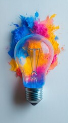 Poster - The illustration of a lightbulb, full of color, glows brightly with shades of orange, yellow, blue, and pink on a white background, giving off a lively energy