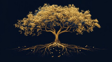 Poster - The digital rendering features a tree with golden hues and interconnected roots, spanning a dark and stark backdrop