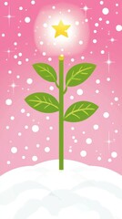Poster - In a pink pastel setting, a green plant sprouts, encircled by gentle sparkles of light