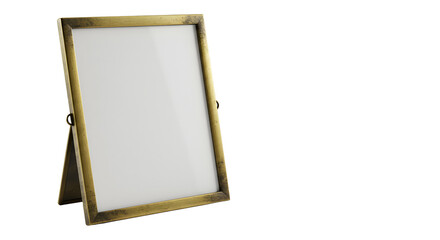 Elegant gold-framed photo display stand showcasing a blank canvas, ideal for personal or professional use, against a neutral background