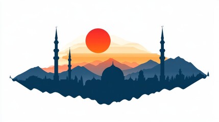 Poster - in the artistic illustration, the white mosque stands out prominently against a backdrop of a vibran