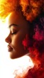 © Julia - The face of a woman appears to be dissolving into a kaleidoscope of colors and cosmic dust on a stark white background