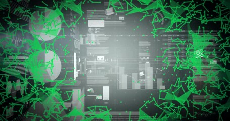Poster - Green network of dots connecting across dark panels while charts sliding in data dashboard