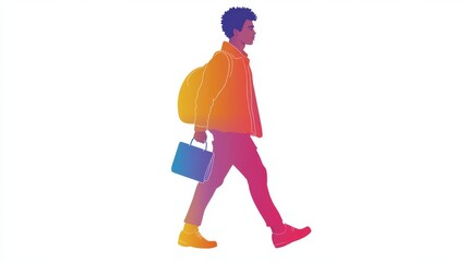 Poster - in front of a colorful gradient background, a man can be seen walking with a shoulder bag, captured 