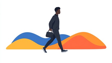 Poster - high-quality imagery depicts a man walking with a shoulder bag positioned in front of a background f
