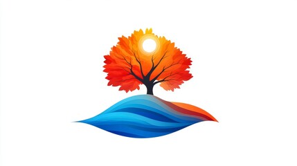 Poster - a red sphere is displayed near a gradient yellow orb next to a tree featuring orange leaves, all set