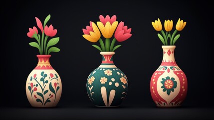 Poster - diverse foliage serves as the backdrop for vibrant patterned vases, which are topped with colorful b