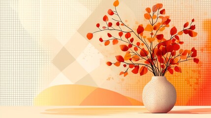 Poster - A colorful still life is created by a floral arrangement featuring daisy-like flowers in a blue vase, placed against an abstract background of yellow and orange hues