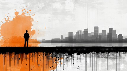 Poster - The silhouette of a person is seen standing on a flat plane, gazing out at a distant cityscape with a kaleidoscope of colors reflected and surrounded by abstract elements