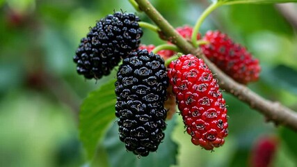 Mulberry fruits on a tree branch, close-up.