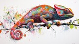 Colorful chameleon on branch vibrant reptile artwork paint splatter background