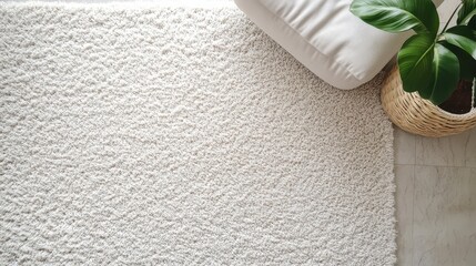 Poster - Overhead view of a fluffy white rug, pillows, and a potted plant.