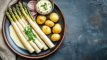 Poster - Plate of white asparagus, new potatoes, ham, and hollandaise sauce.