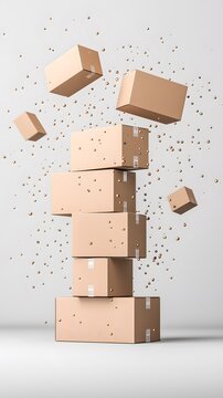 Floating Stacked Cardboard Boxes on White Background