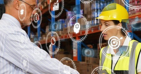 Poster - Logistics worker and supervisor scanning inventory on shelves, displaying animated graph icons