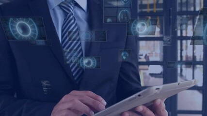 Poster - Male business executive tapping tablet at office, projecting holographic tech data icons and charts