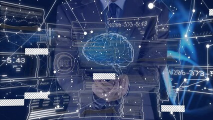 Poster - 3D render holographic brain floating above cupped hands, displaying data panels and network lines