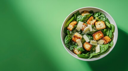 Poster - Fresh spinach salad with croutons and parmesan cheese in a white bowl on a green background.