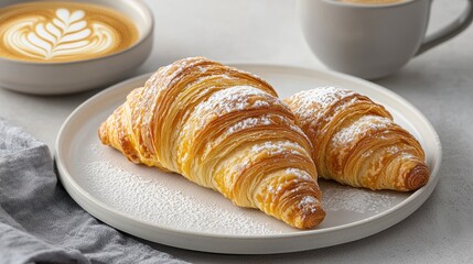 Poster - Two golden-brown croissants dusted with powdered sugar on a plate, alongside cups of latte art coffee.