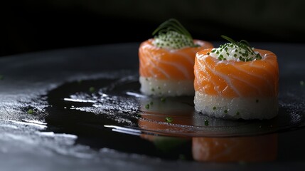 Poster - Two salmon sushi rolls with caviar and chives on a dark plate.