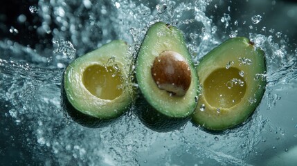Poster - Three halved avocados splashing in water. (1)