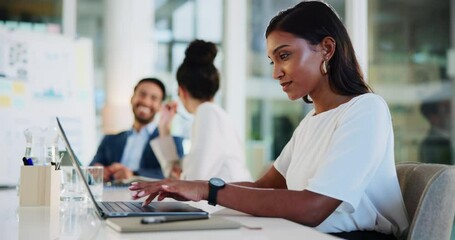 Fototapete - Meeting, businesswoman and thinking with laptop for typing, finance and investment in office. Boardroom, female person and financial advisor with digital for research, risk management and report idea