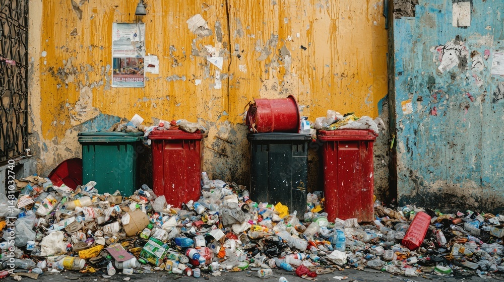 Overfilled garbage bins overflowing with plastic waste against ...